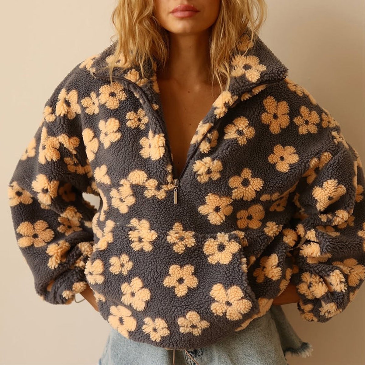 Women's Loose-Fit Flower-Print Sherpa Fleece Half-Zip Pullover – Yellow