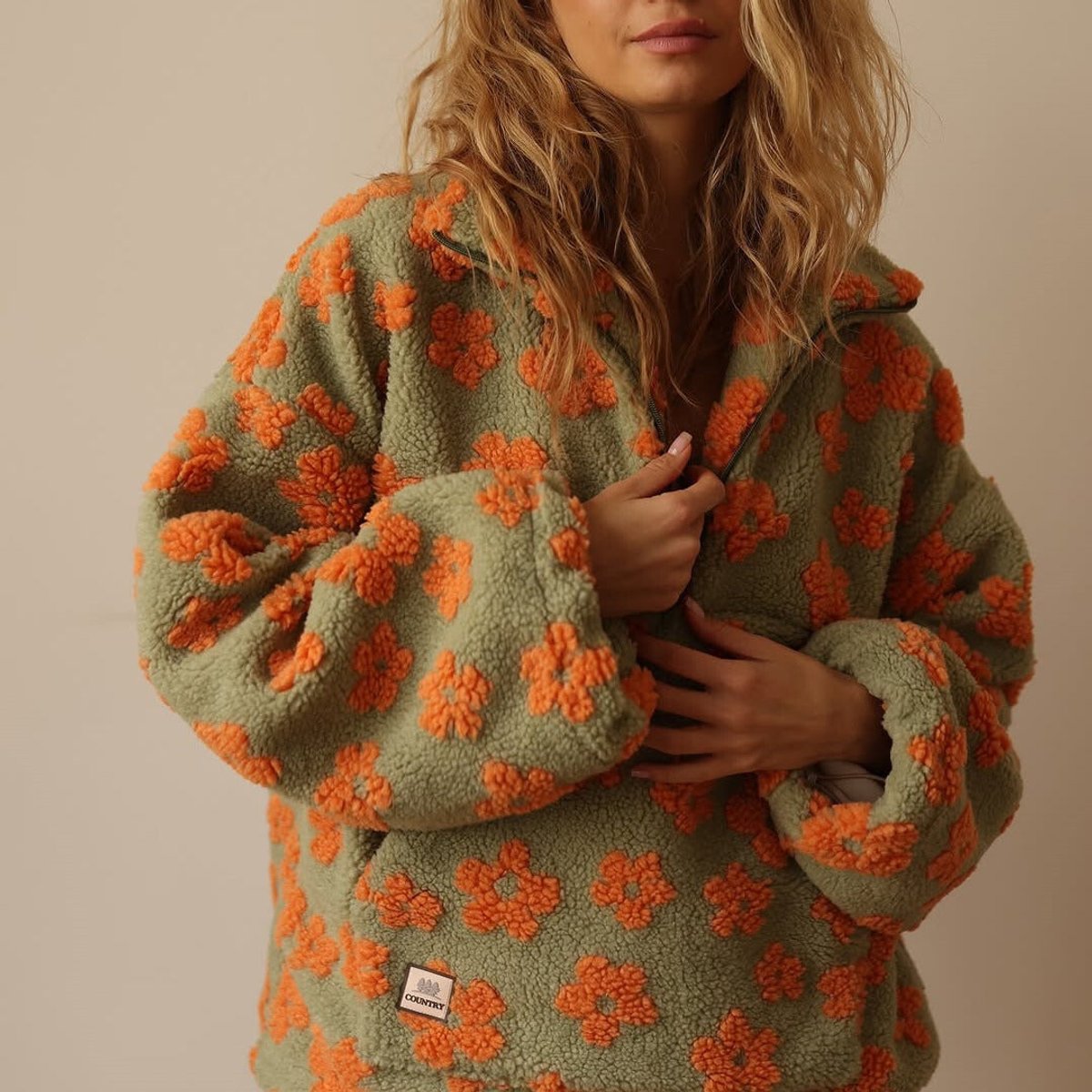 Women's Loose-Fit Flower-Print Sherpa Fleece Half-Zip Pullover – Orange