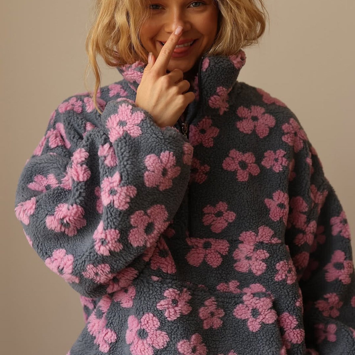 Women's Loose-Fit Flower-Print Sherpa Fleece Half-Zip Pullover – Pink