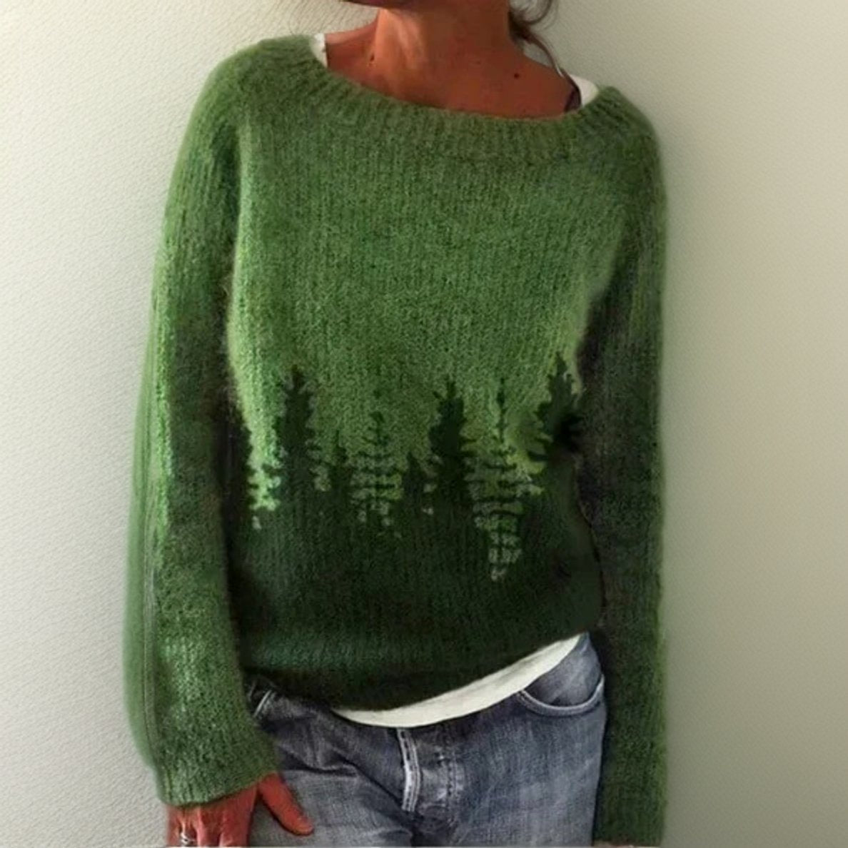 Women's Relaxed-Fit Forest Print Crewneck Knit Pullover – XS