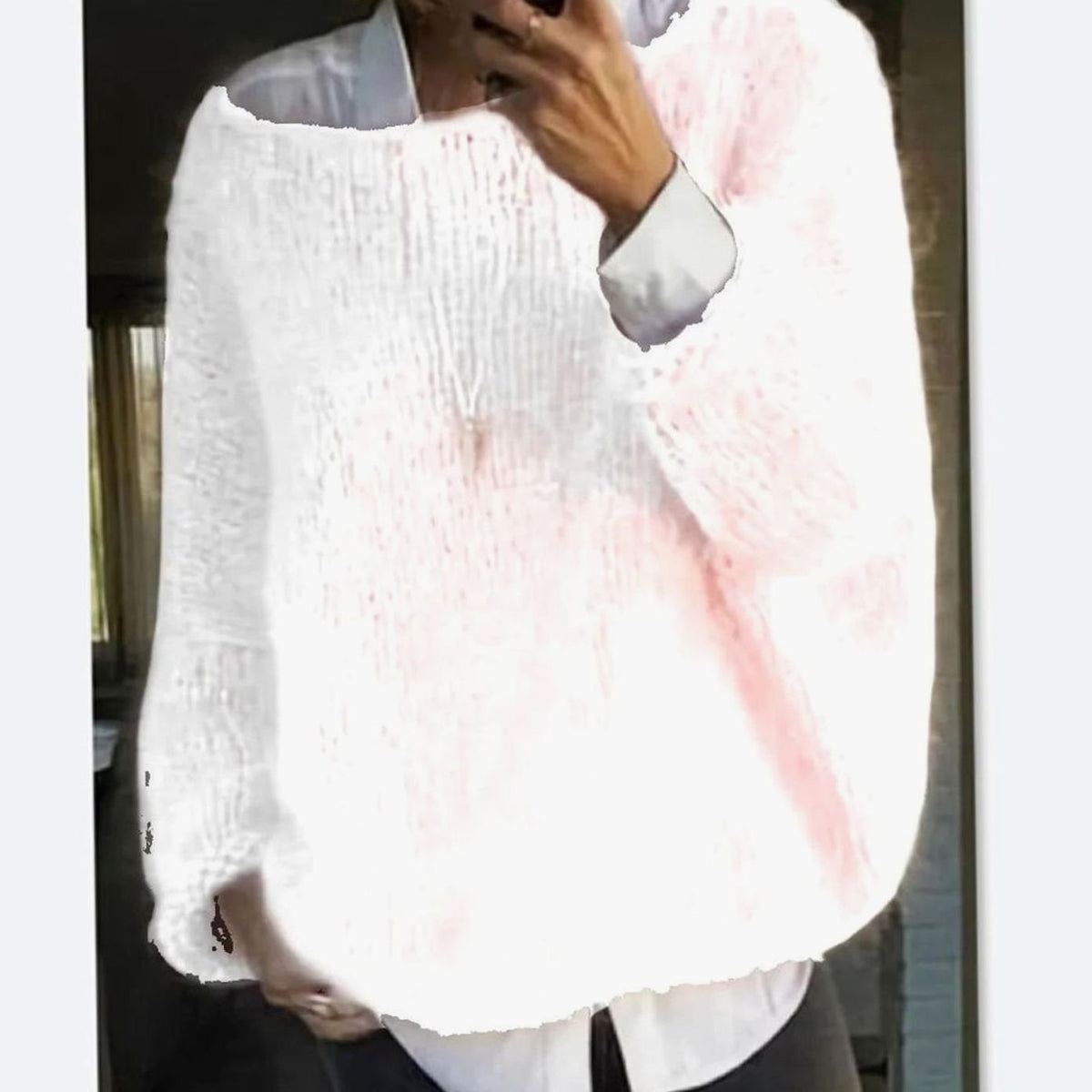 Women's Loose-Fit Fuzzy Knit Long-Sleeve Sweater – White