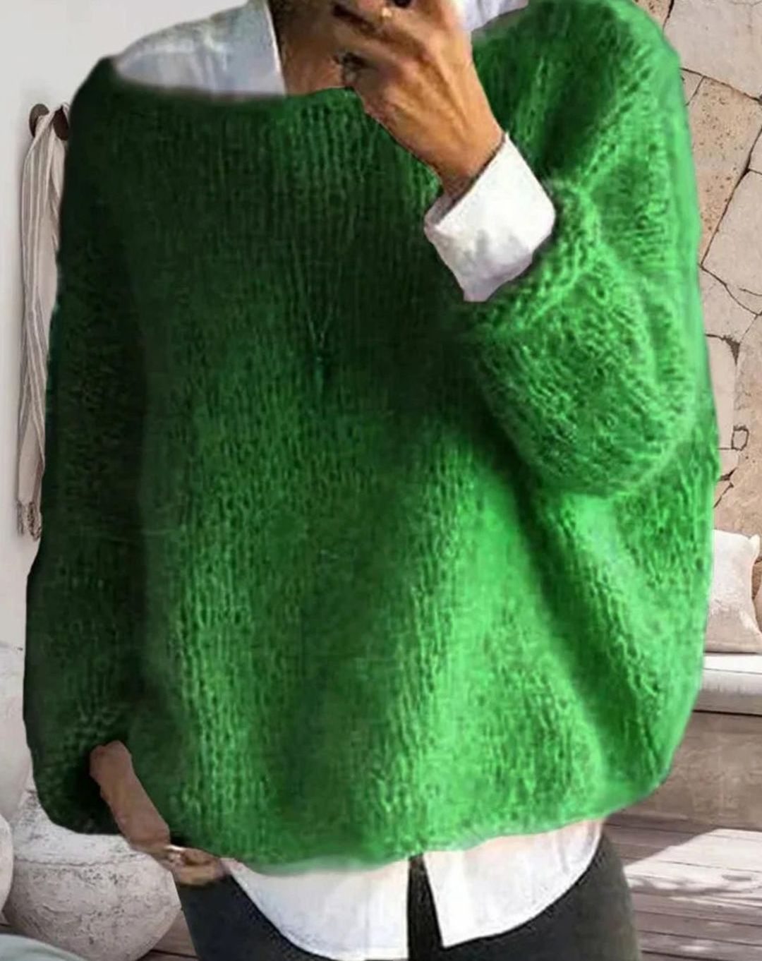 Women's Loose-Fit Fuzzy Knit Long-Sleeve Sweater – Green