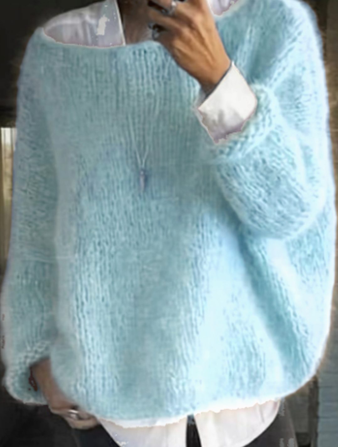 Women's Loose-Fit Fuzzy Knit Long-Sleeve Sweater – Light Blue