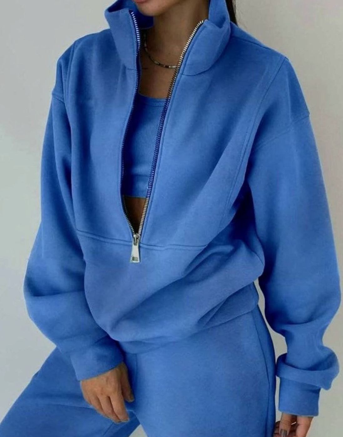 Women's Loose-Fit Half-Zip Crop-Length Pullover and Jogger Set – Blue