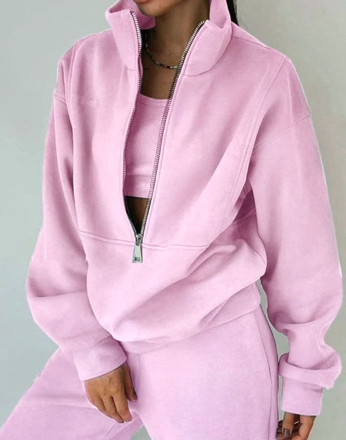 Women's Loose-Fit Half-Zip Crop-Length Pullover and Jogger Set – Pink