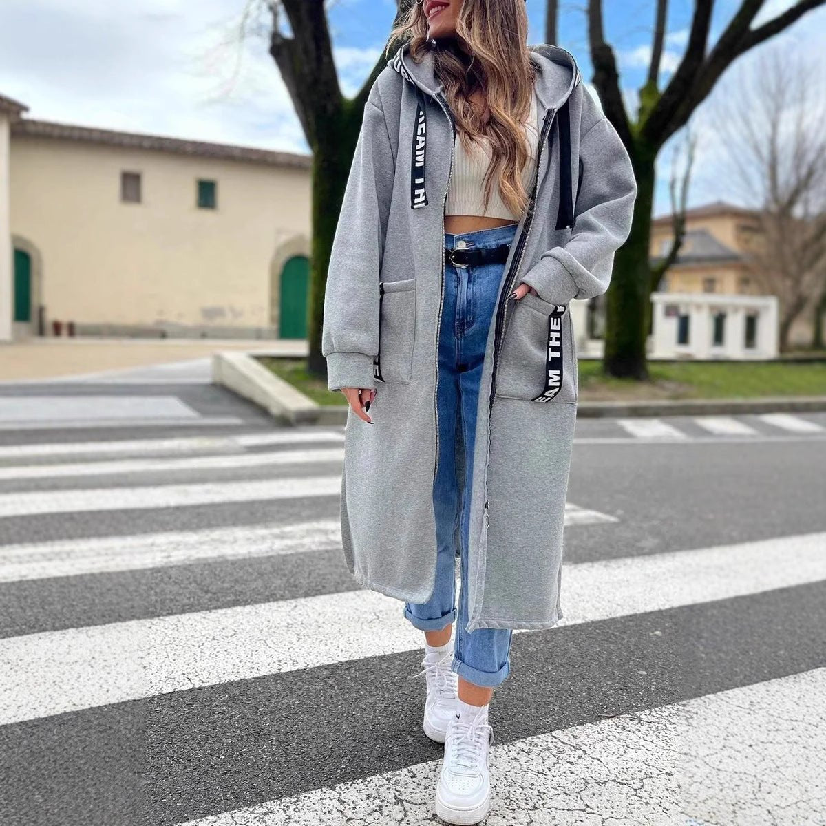 Women's Loose-Fit Longline Hood-Detail Full-Zip Coat – Gray