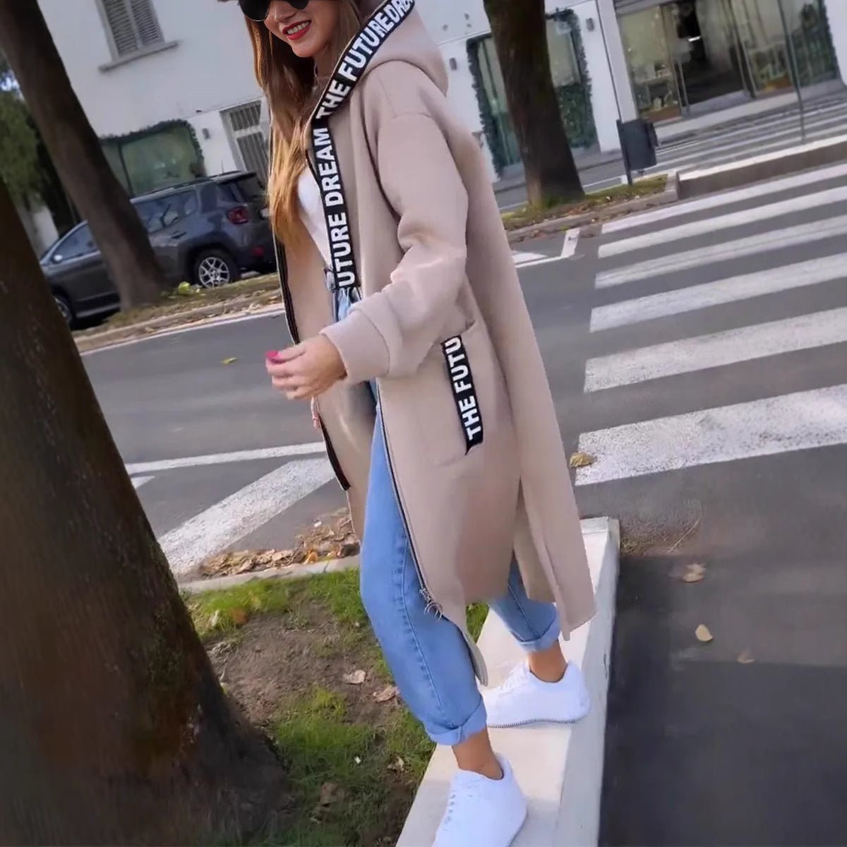 Women's Loose-Fit Longline Hood-Detail Full-Zip Coat – Beige