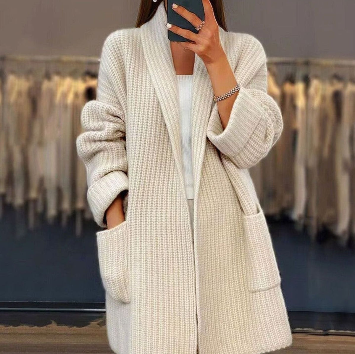 Women's Relaxed-Fit Oversized Knit Cardigan with Pockets – Apricot