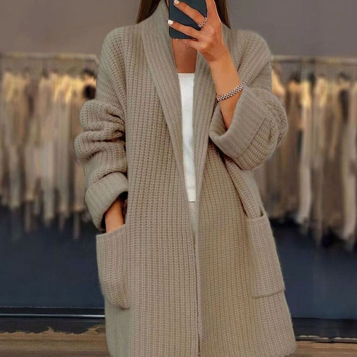 Women's Relaxed-Fit Oversized Knit Cardigan with Pockets – Khaki