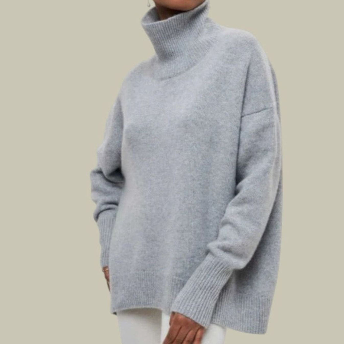 Women's Relaxed-Fit Chunky-Knit Rib-Knit Roll-Neck Knit Sweater – Gray