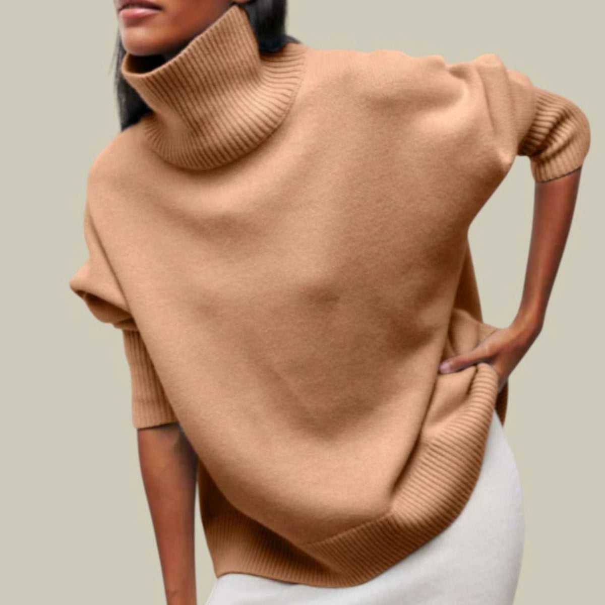 Women's Relaxed-Fit Chunky-Knit Rib-Knit Roll-Neck Knit Sweater – Khaki