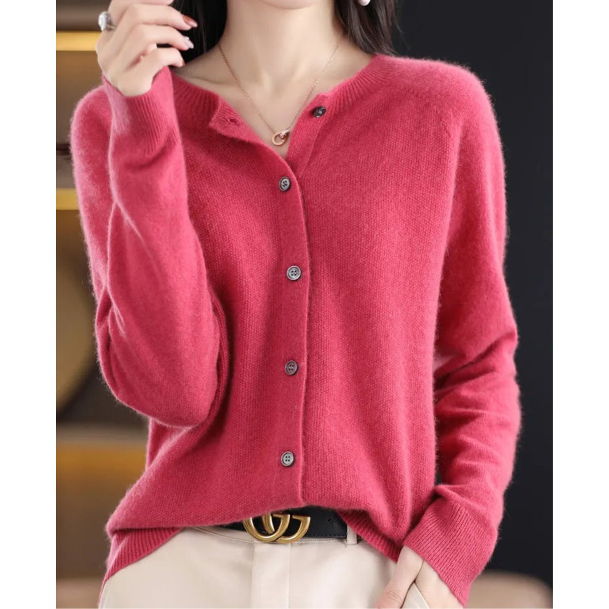Women's Relaxed-Fit Merino Wool Button-Front Knit Cardigan – Dark Pink