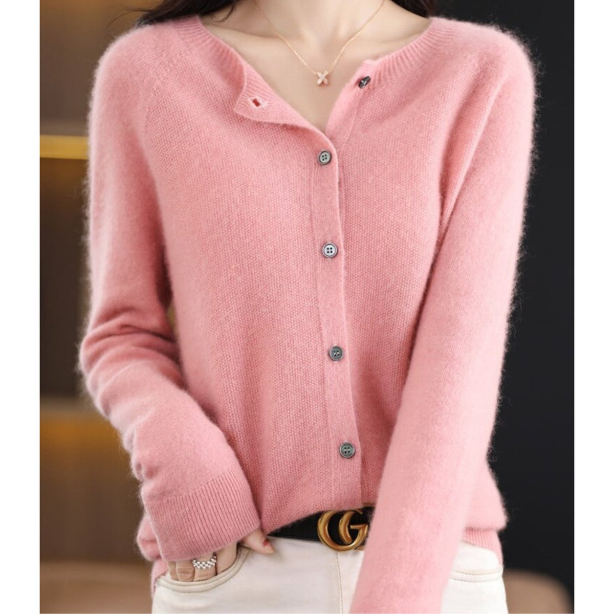 Women's Relaxed-Fit Merino Wool Button-Front Knit Cardigan – Light Pink