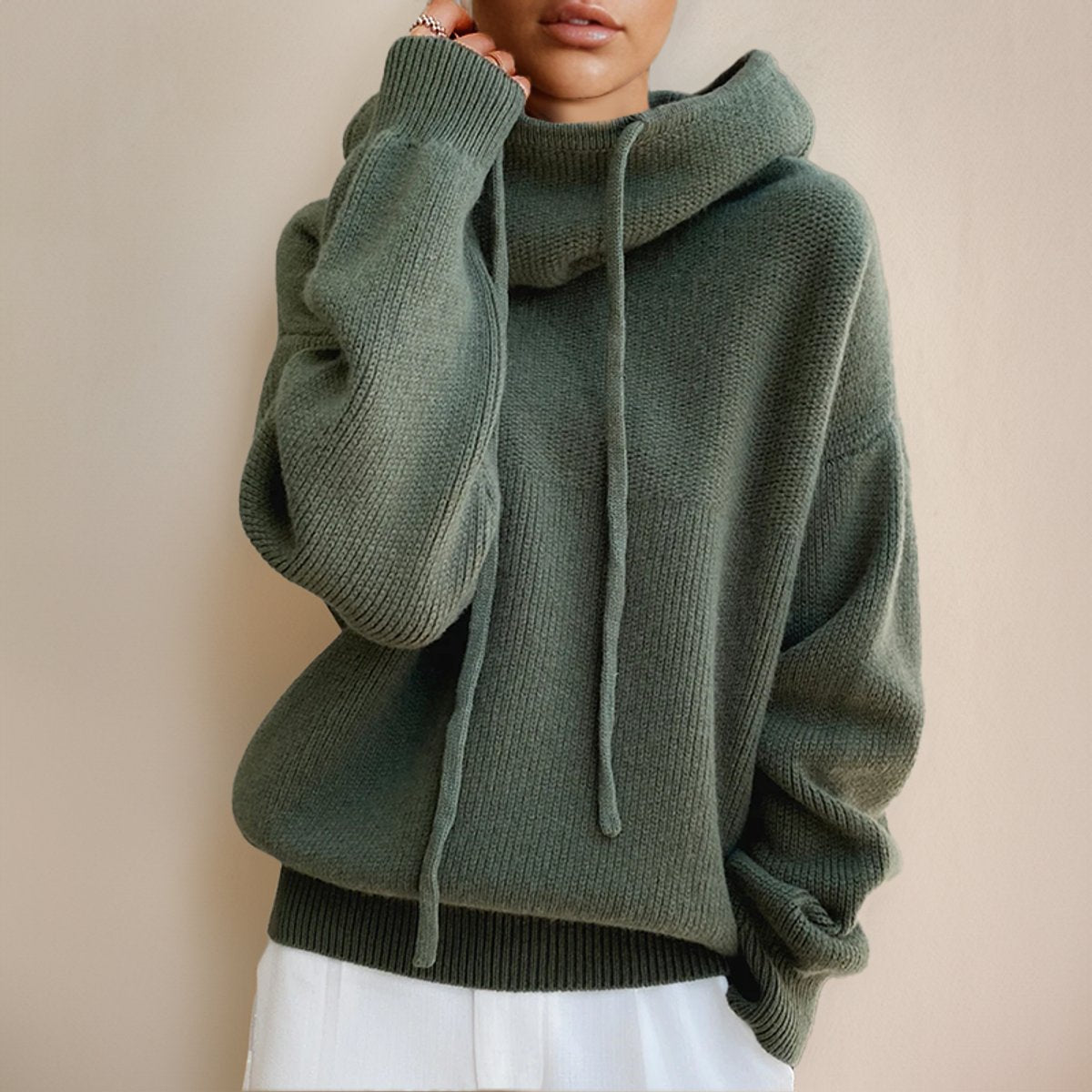 Women's Loose-Fit Merino Wool Hood-Detail Roll-Neck Pullover – Green