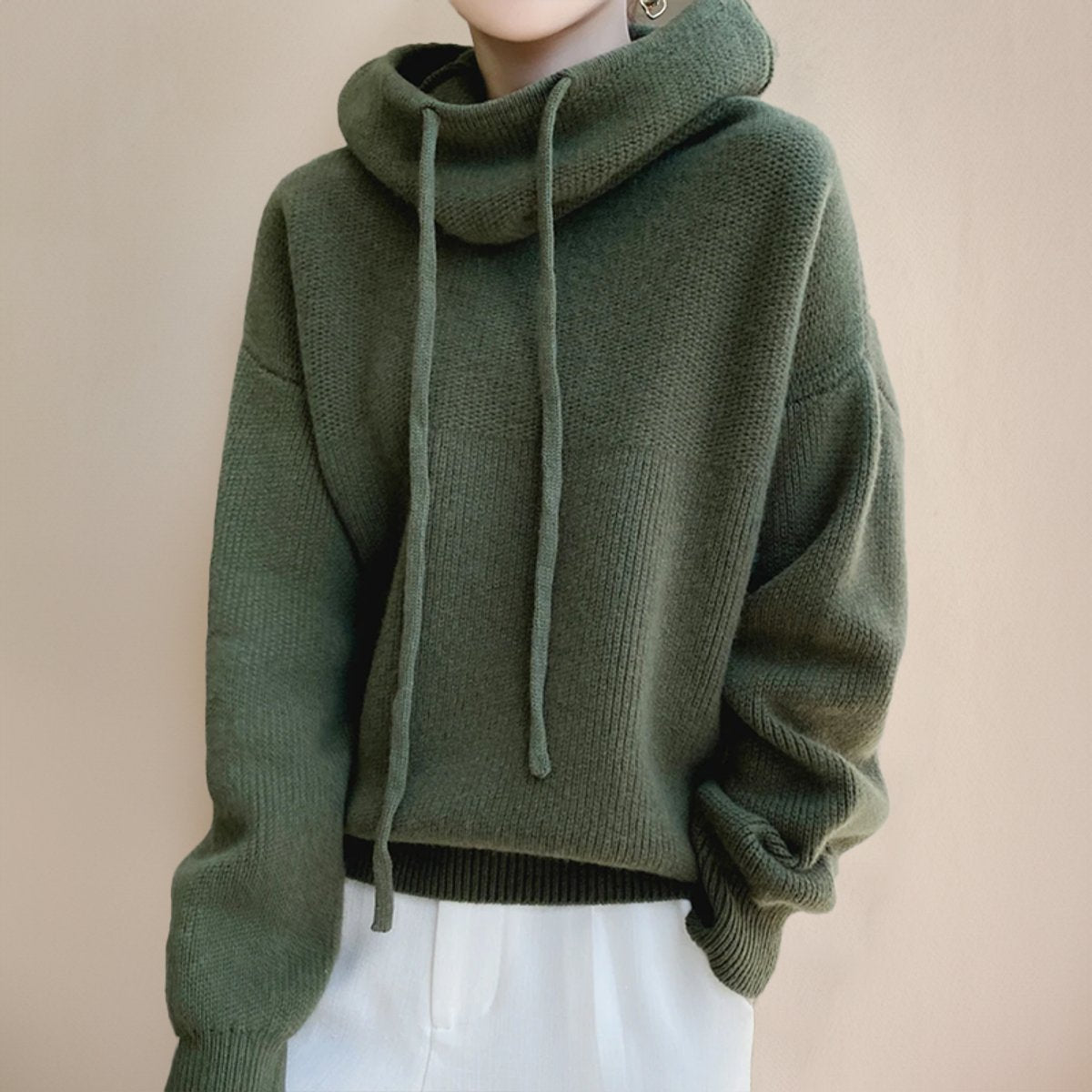 Women's Loose-Fit Merino Wool Hood-Detail Roll-Neck Pullover – view 2