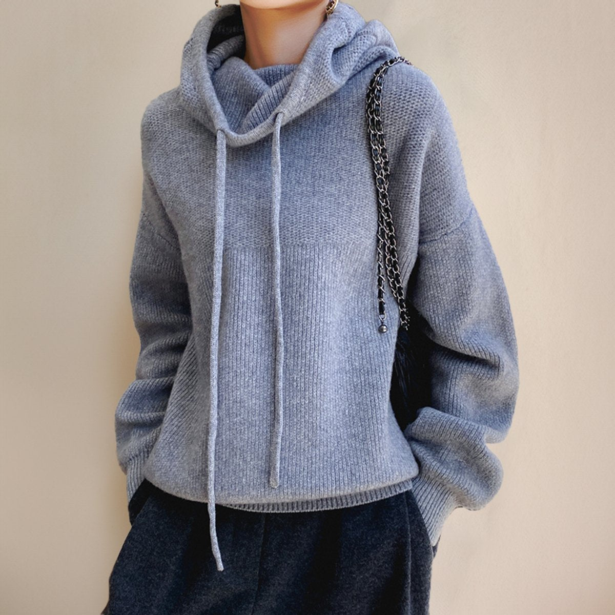 Women's Loose-Fit Merino Wool Hood-Detail Roll-Neck Pullover – view 3