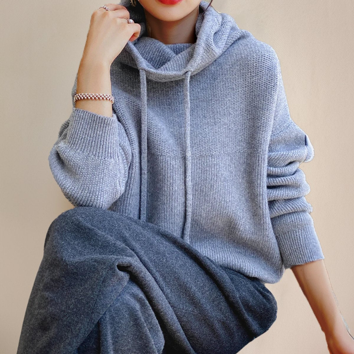 Women's Loose-Fit Merino Wool Hood-Detail Roll-Neck Pullover – view 4