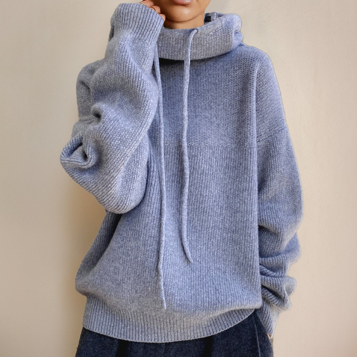 Women's Loose-Fit Merino Wool Hood-Detail Roll-Neck Pullover – Gray