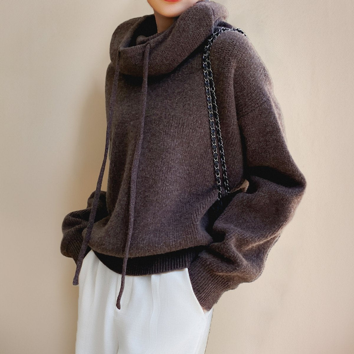 Women's Loose-Fit Merino Wool Hood-Detail Roll-Neck Pullover – view 6
