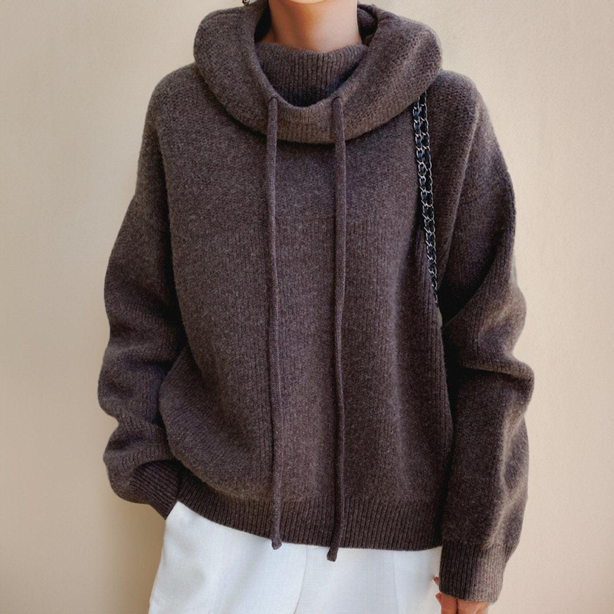 Women's Loose-Fit Merino Wool Hood-Detail Roll-Neck Pullover – Brown