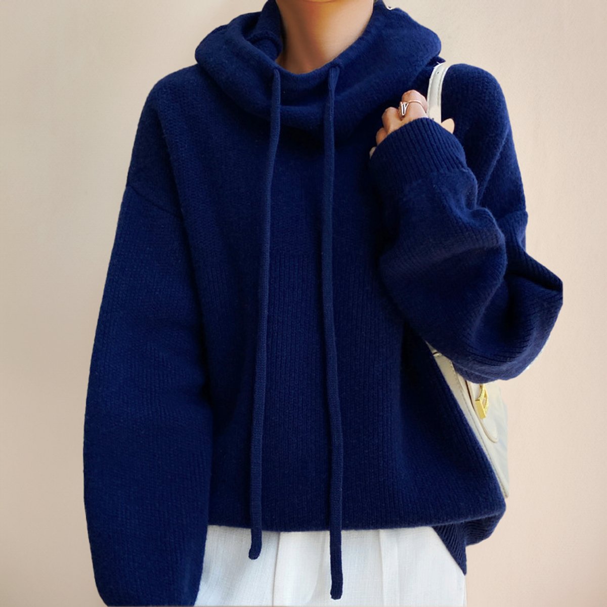 Women's Loose-Fit Merino Wool Hood-Detail Roll-Neck Pullover – Blue
