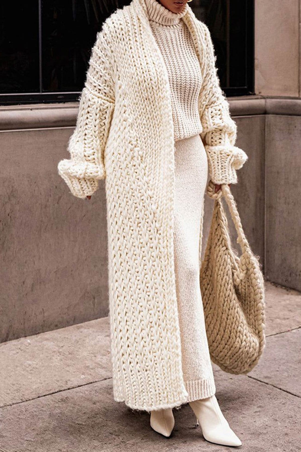 Women's Loose-Fit Open-Style Chunky-Knit Longline Knit Cardigan – Beige