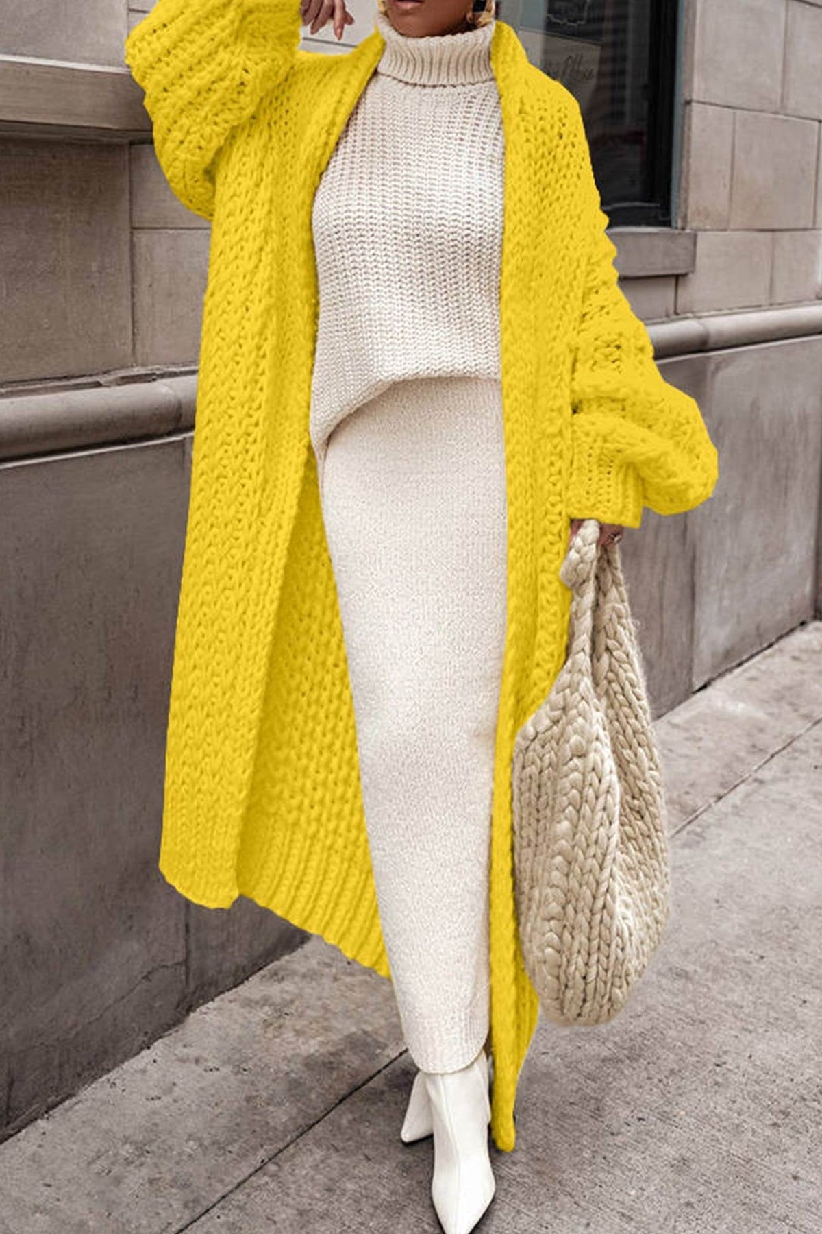 Women's Loose-Fit Open-Style Chunky-Knit Longline Knit Cardigan – Yellow