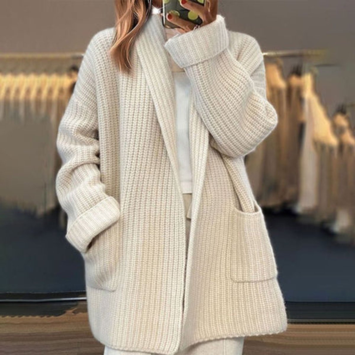 Women's Relaxed-Fit Open-Style Knit Cardigan Scarf Collar – Ivory
