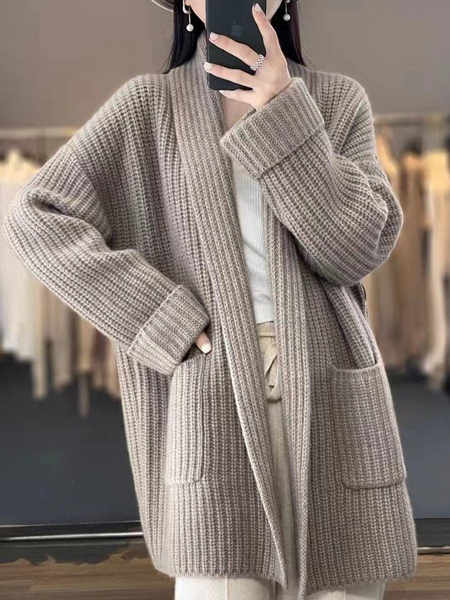 Women's Relaxed-Fit Open-Style Knit Cardigan Scarf Collar – Camel
