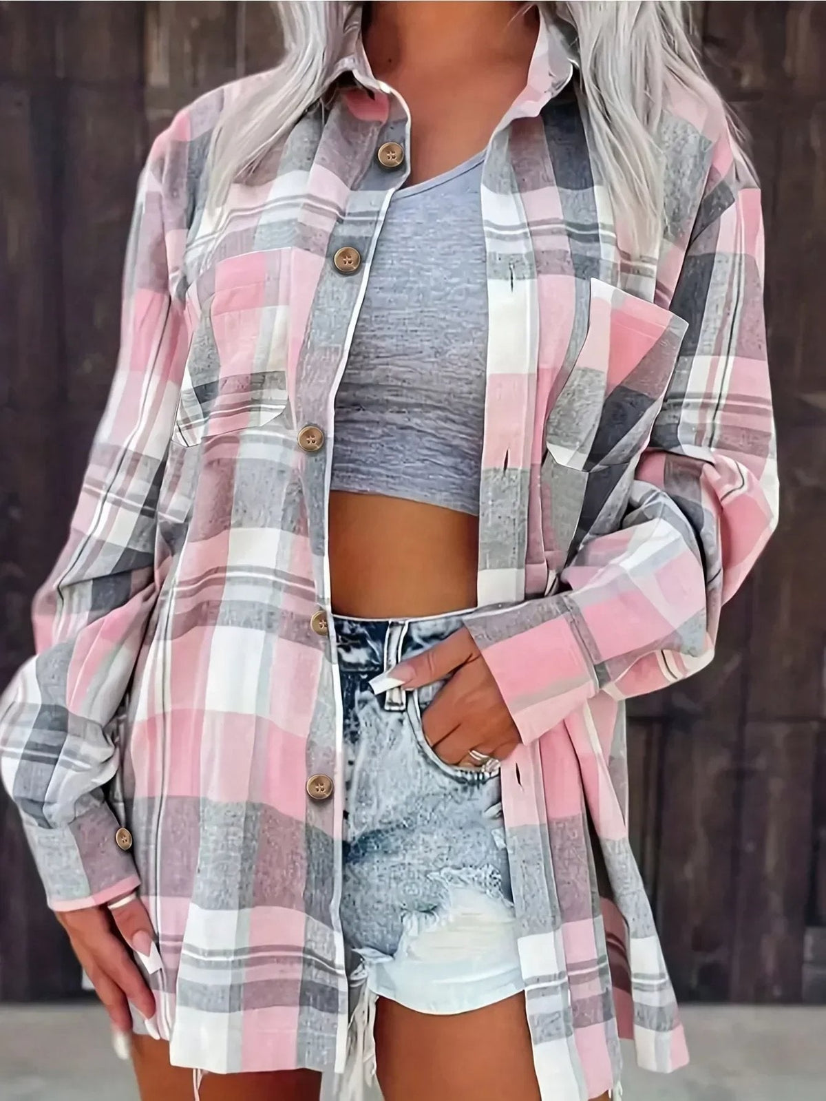 Women's Loose-Fit Plaid Flannel Open-Style Shirt – Pink