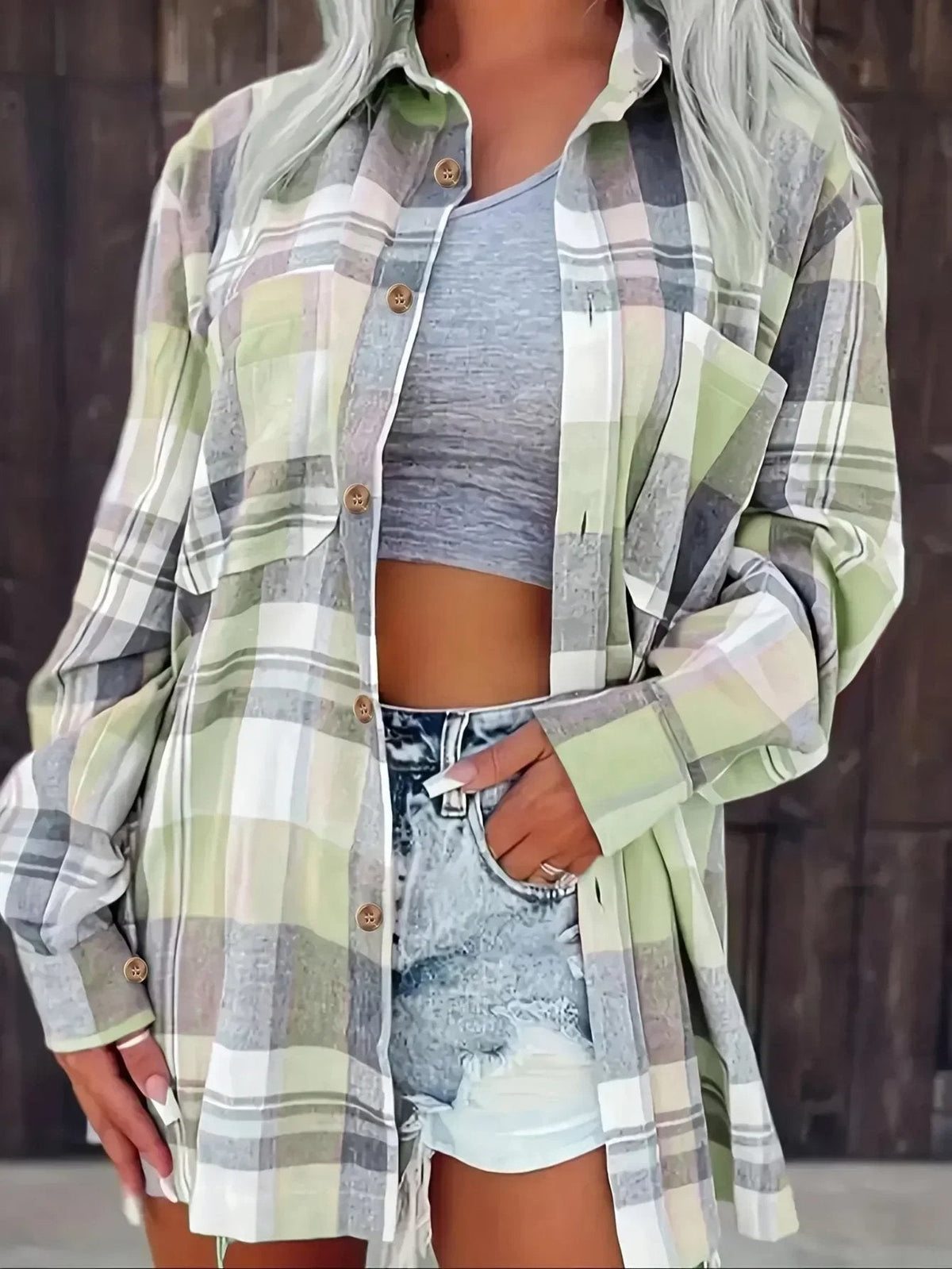 Women's Loose-Fit Plaid Flannel Open-Style Shirt – Green