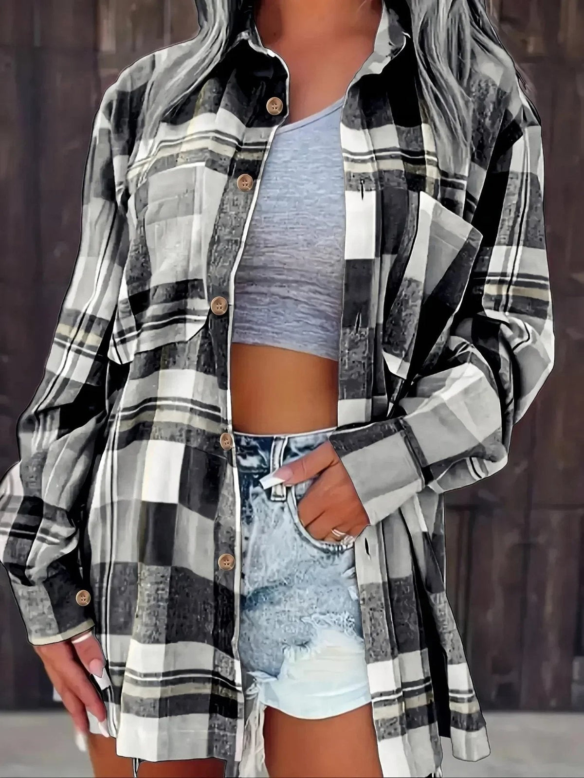 Women's Loose-Fit Plaid Flannel Open-Style Shirt – Black