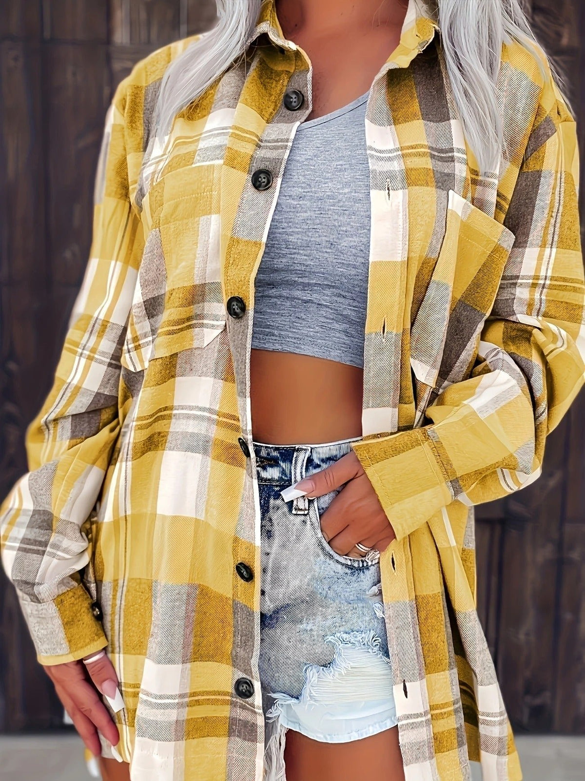 Women's Loose-Fit Plaid Flannel Open-Style Shirt – Yellow