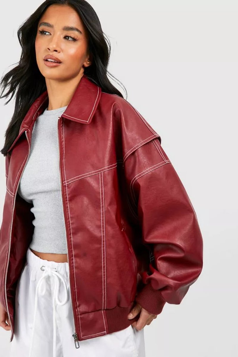 Women's Relaxed-Fit Contrast-Stitch Bomber Jacket – Wine Red