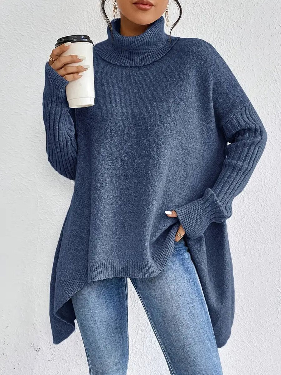 Women's Loose-Fit High-Low Roll-Neck Knit Pullover – Ocean Blue