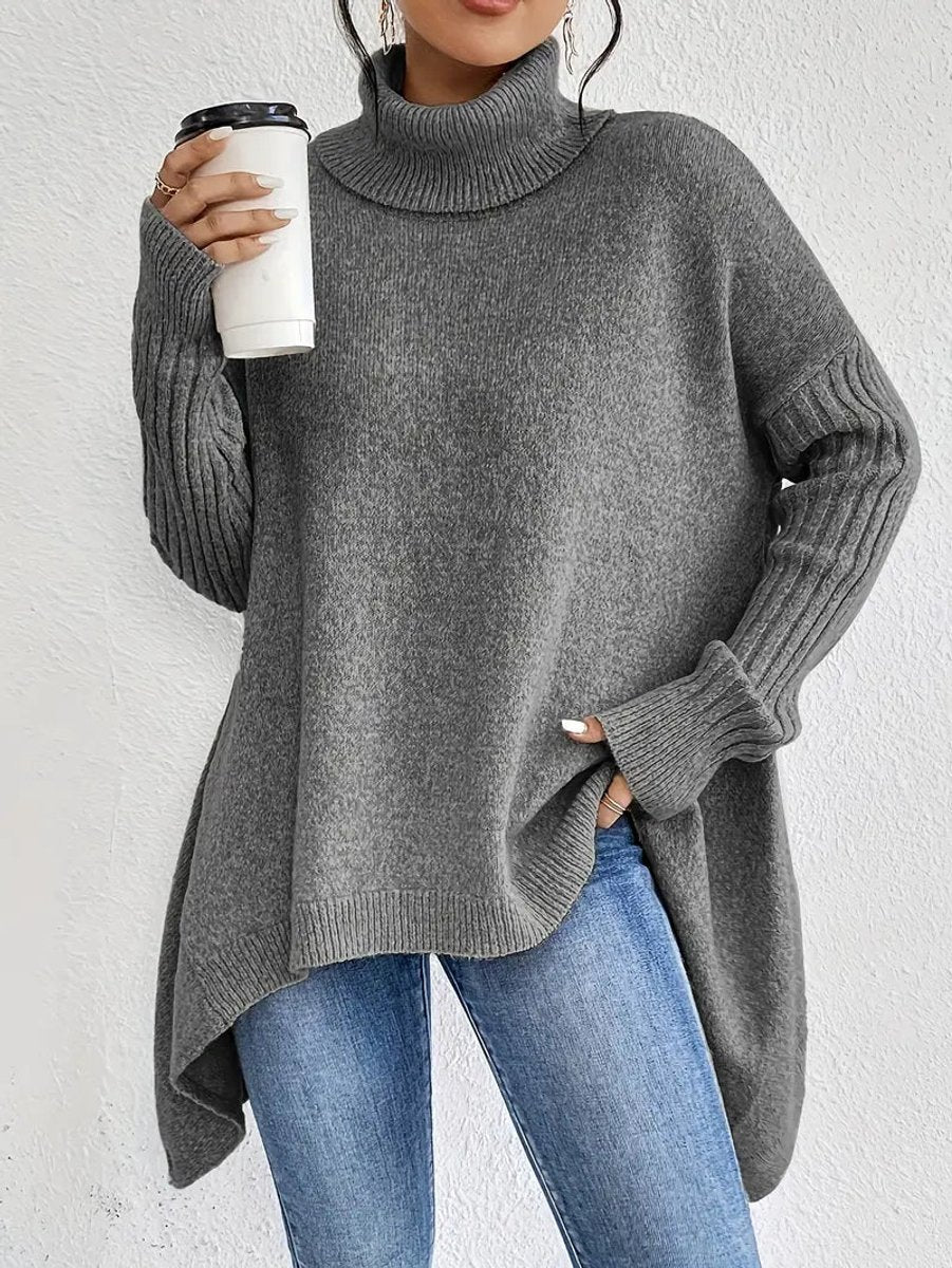 Women's Loose-Fit High-Low Roll-Neck Knit Pullover – Stone Gray