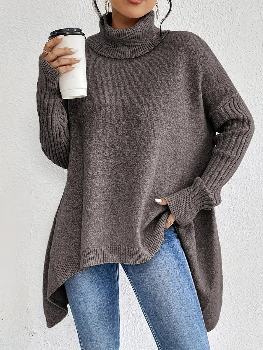 Women's Loose-Fit High-Low Roll-Neck Knit Pullover – Espresso Brown