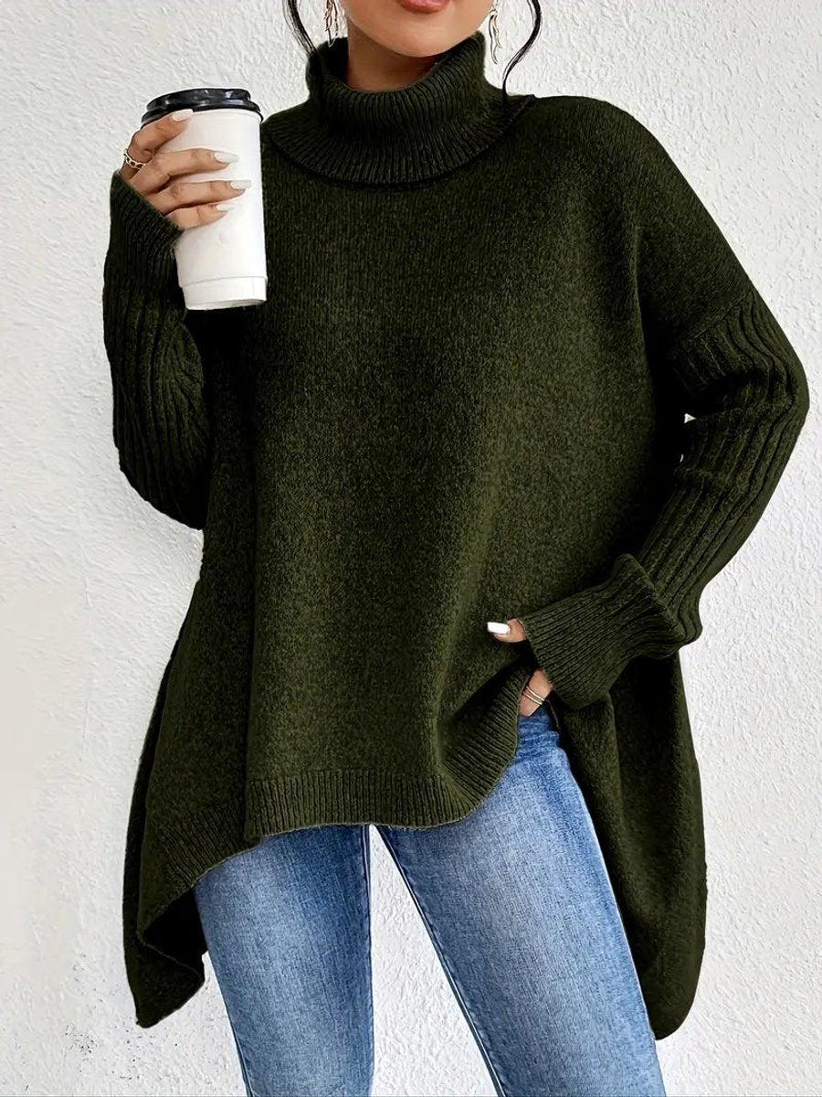 Women's Loose-Fit High-Low Roll-Neck Knit Pullover – Pine Green