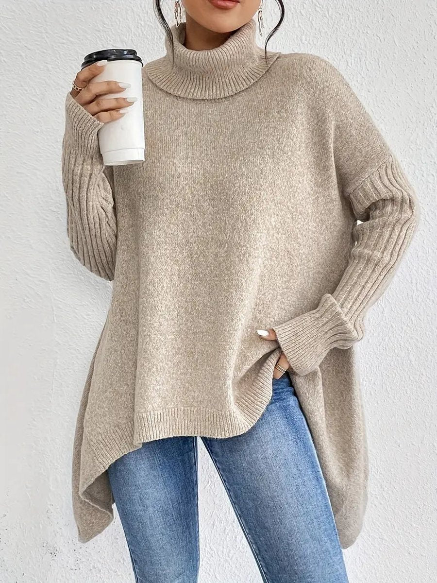 Women's Loose-Fit High-Low Roll-Neck Knit Pullover – Desert Khaki