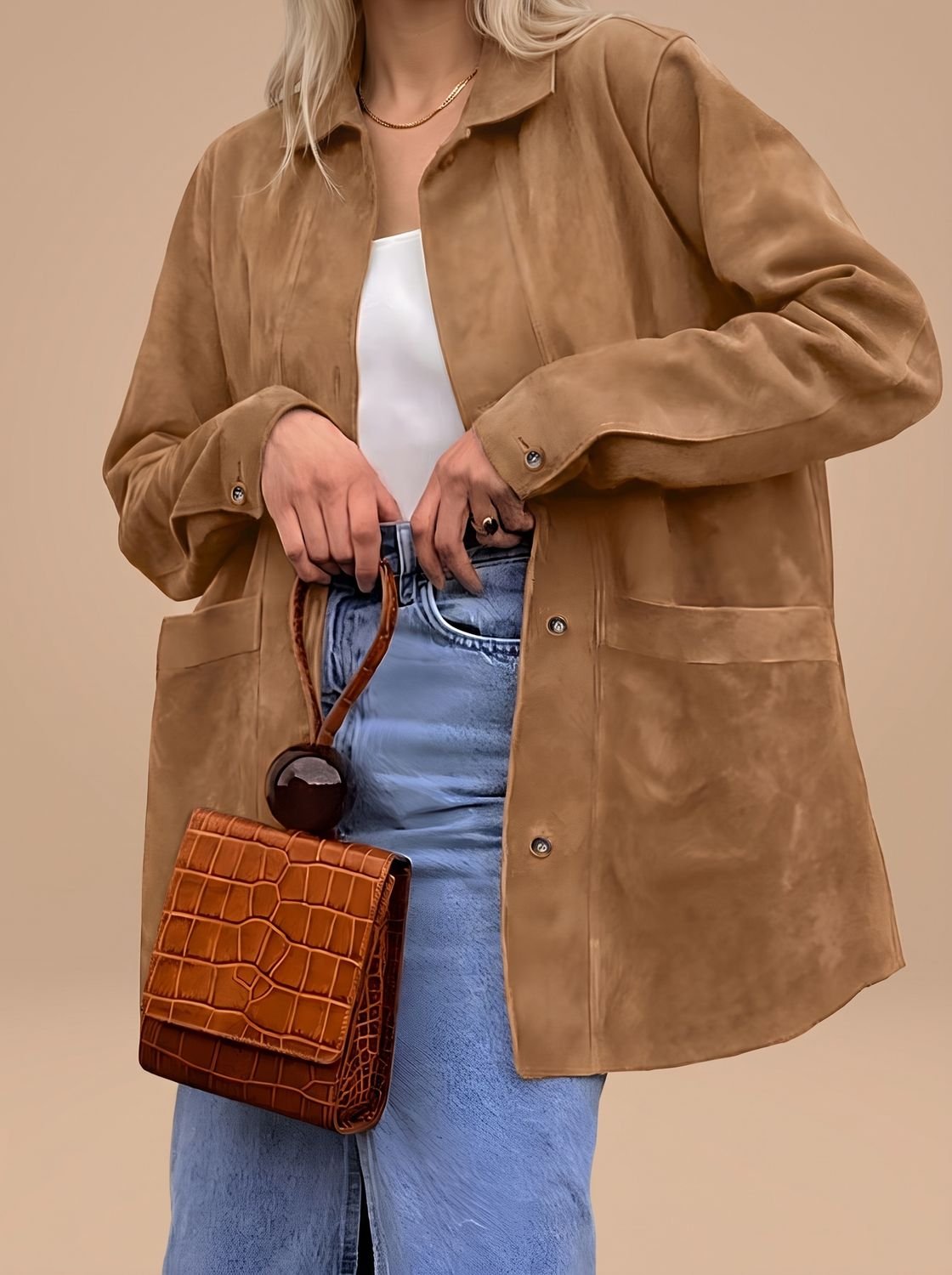 Women's Loose-Fit Suede-Style Collar-Detail Shirt Jacket – Coffee Brown