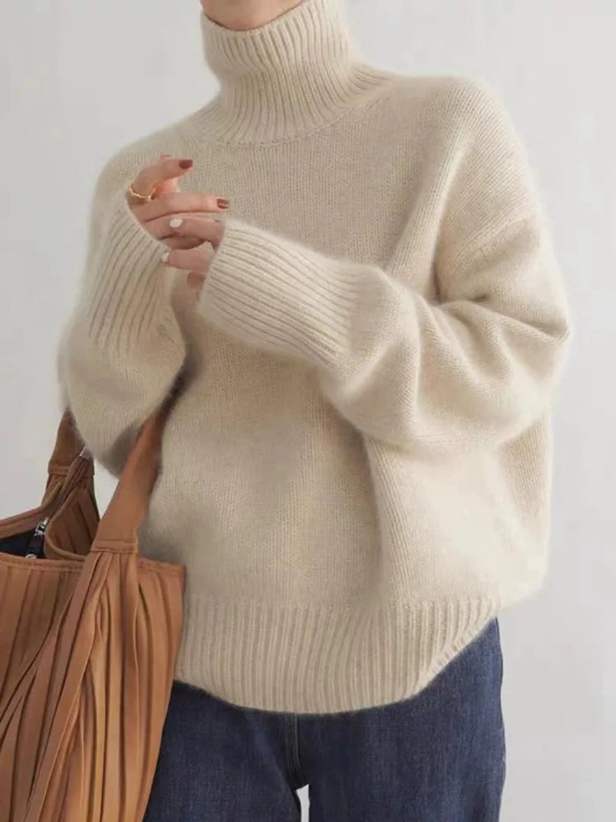 Women's Loose-Fit Roll-Neck Plush Knit Pullover – Beige