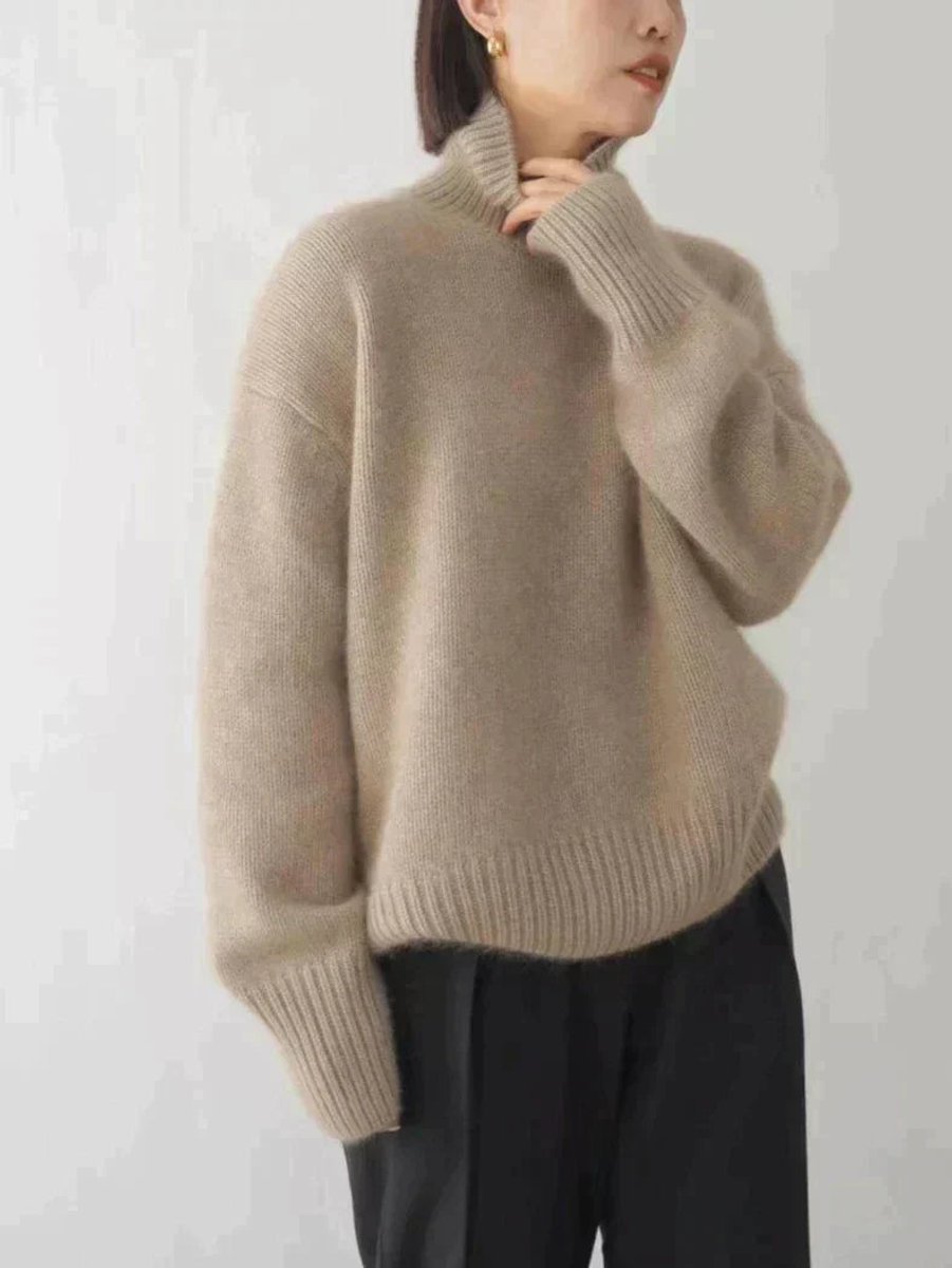 Women's Loose-Fit Roll-Neck Plush Knit Pullover – Khaki