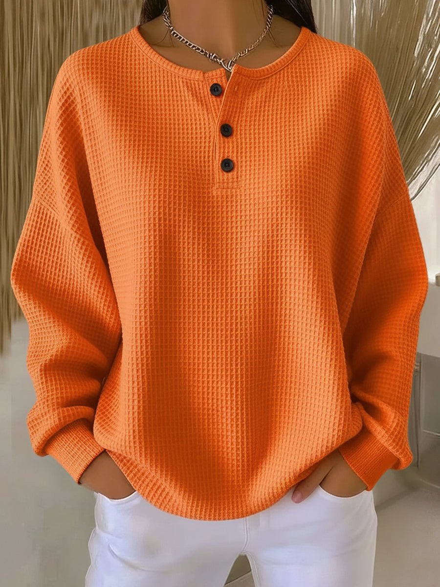 Women's Waffle Knit Henley Pullover for Walking – Orange
