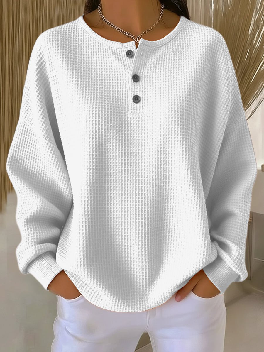 Women's Waffle Knit Henley Pullover for Walking – White