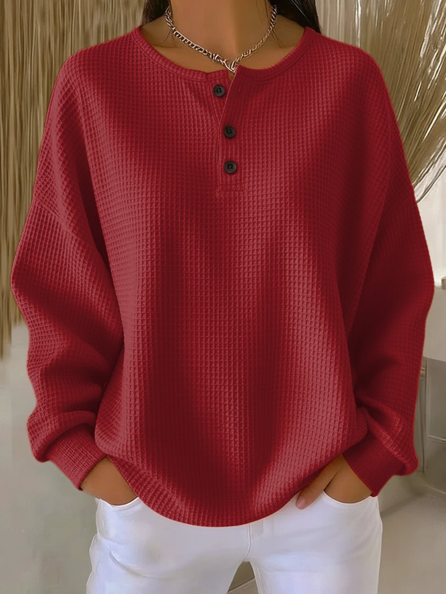 Women's Waffle Knit Henley Pullover for Walking – Red