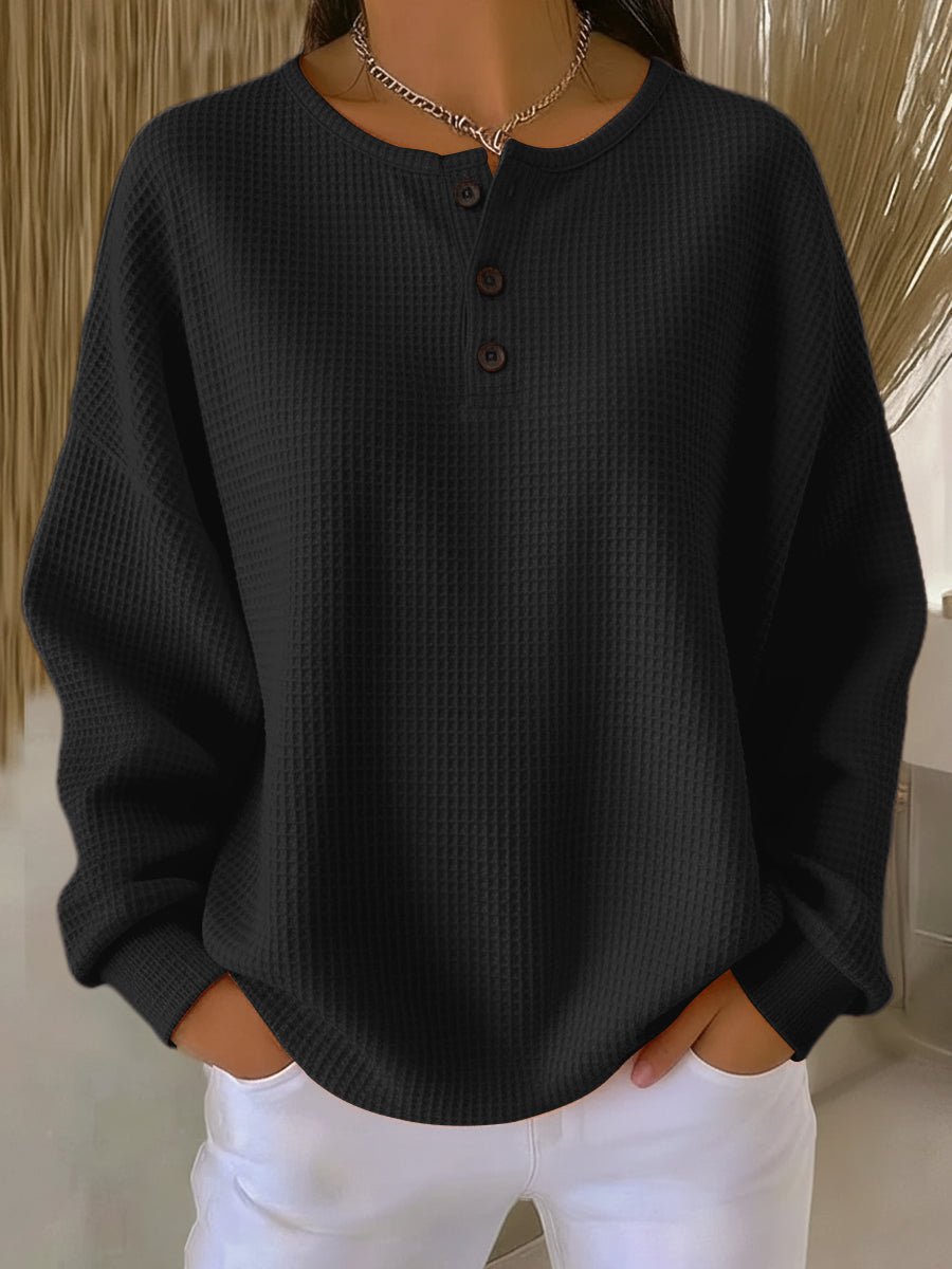 Women's Waffle Knit Henley Pullover for Walking – Black