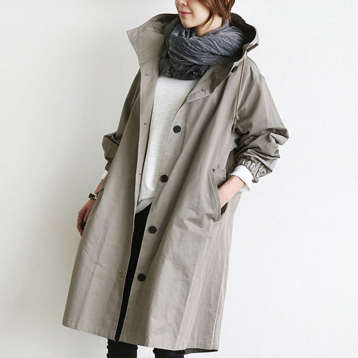Women's Loose-Fit Water-Repellent Button-Front Trench Coat – Gray
