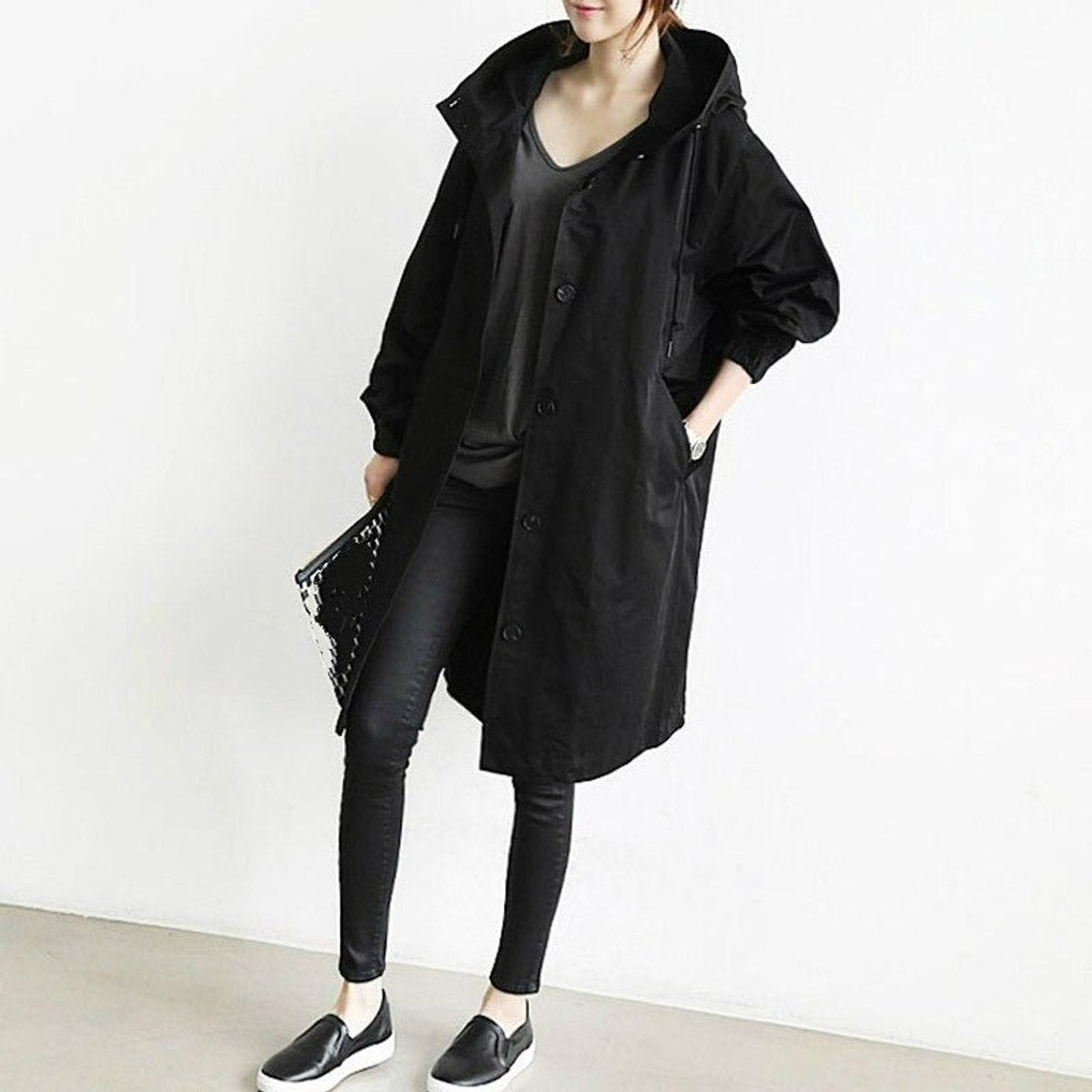 Women's Loose-Fit Water-Repellent Button-Front Trench Coat – Black