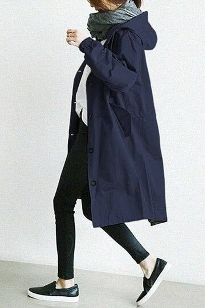 Women's Loose-Fit Water-Repellent Button-Front Trench Coat – Navy Blue