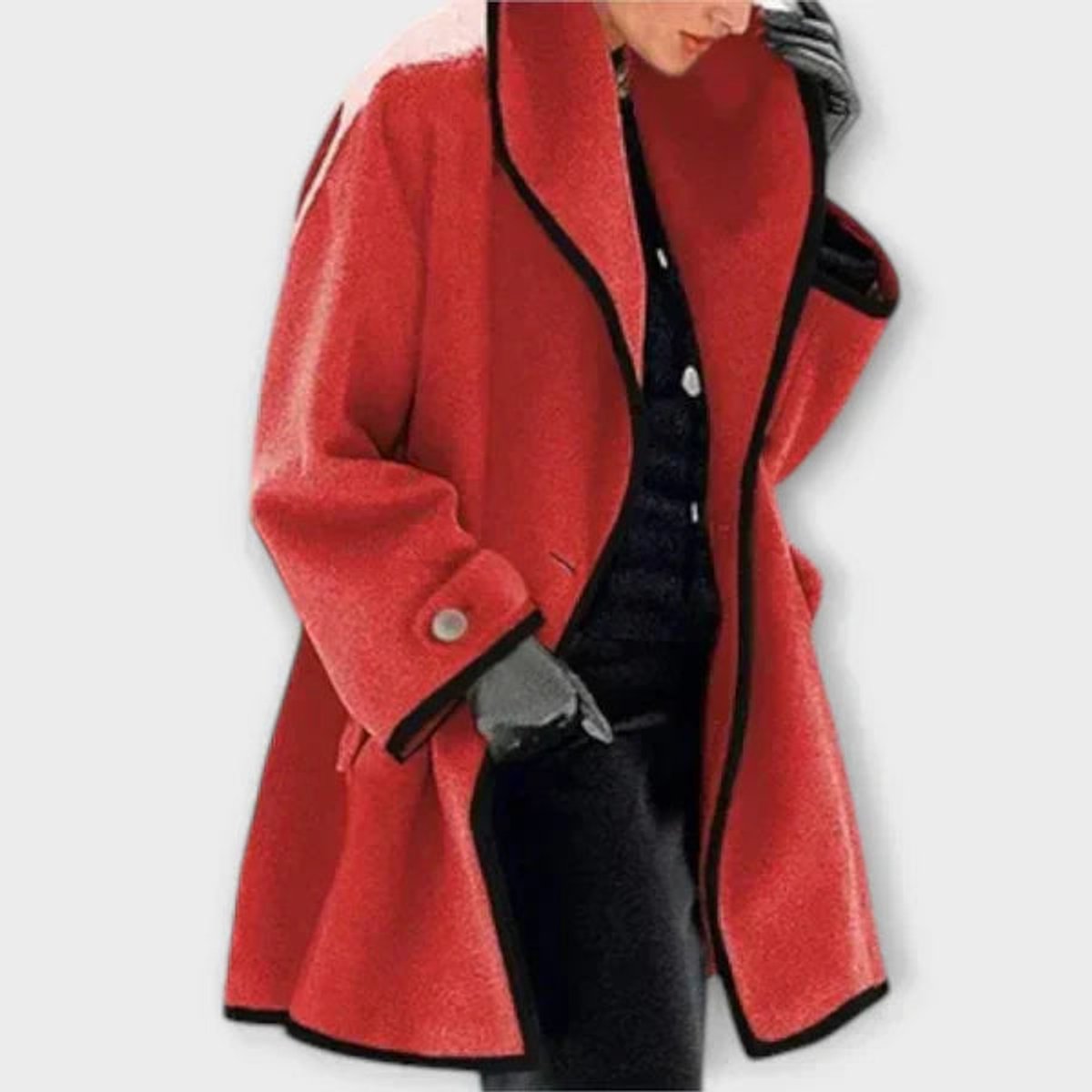 Women's Loose-Fit Wool-Blend Contrast-Trim Coat – Red